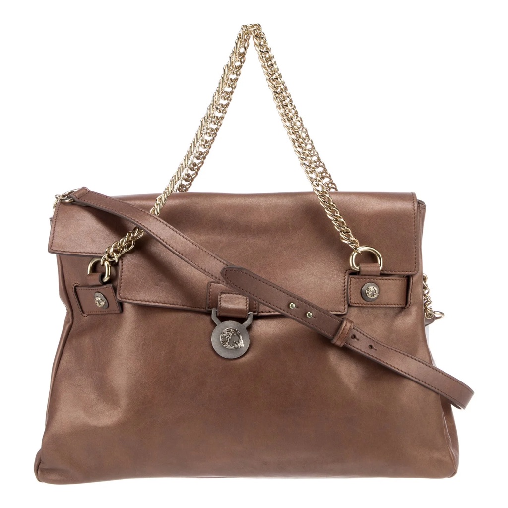 Versace Bronze /Brown Leather Shoulder Bag With Gold Chain W/ Dust Cover